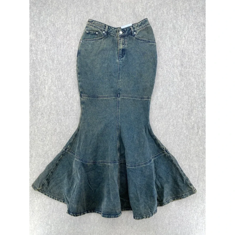 House of Sunny Courtyard Tulip Skirt Clay Grey Denim Mermaid Maxi Size 4 NEW